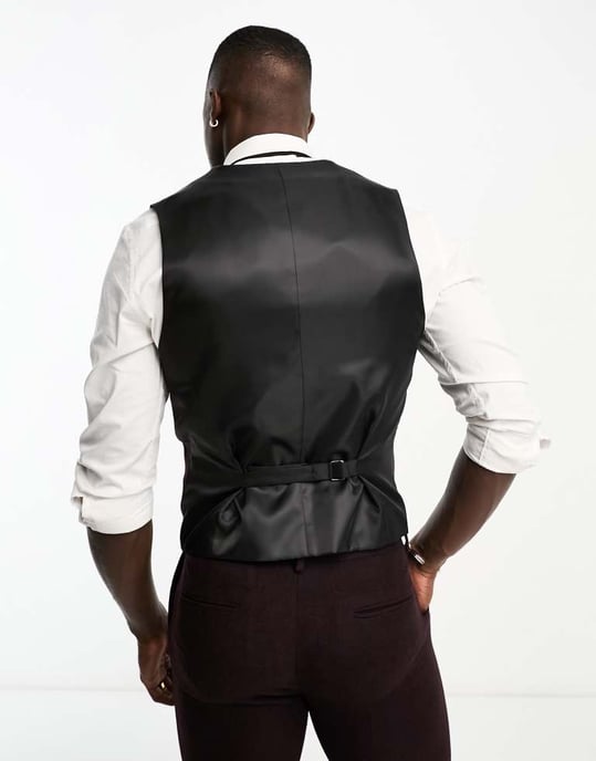 ASOS DESIGN super skinny ullblandning kavajväst i fiskbensmönster i bordeaux - Image 3