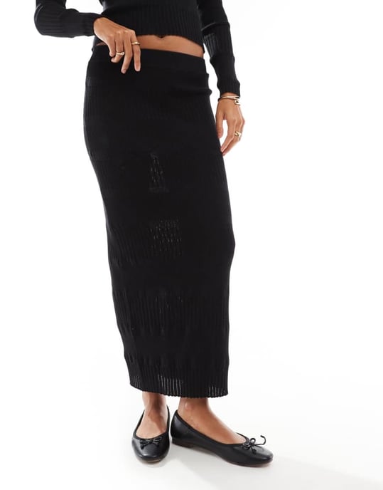 Vero Moda panelerad stickad midikjol i svart - Image 2