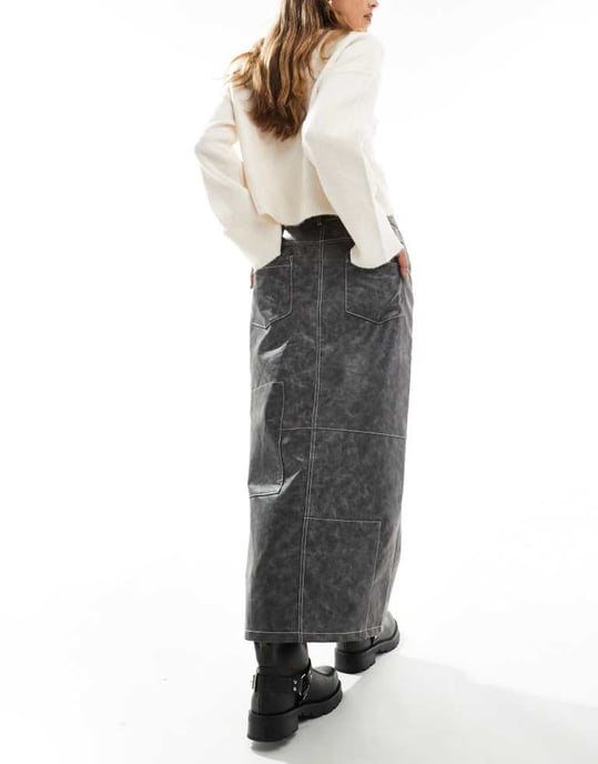 ASOS DESIGN läderlook västern midi kjol med kontrastsöm i tvättad grå - Image 2