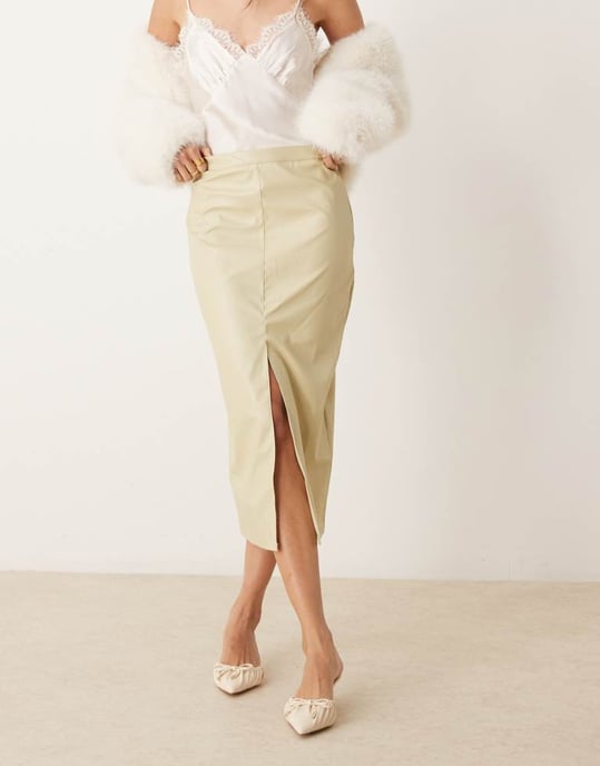 ASOS DESIGN läderlook midi blyertskjol i salvia - Image 2