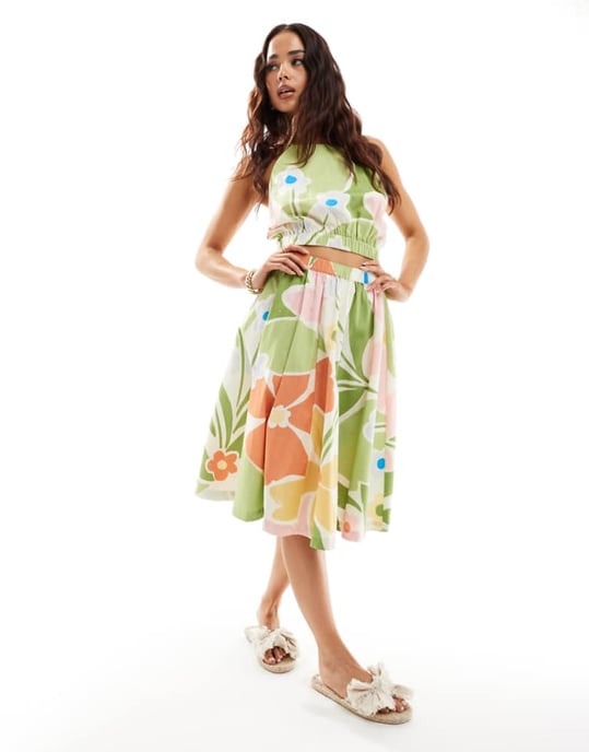 ASOS DESIGN bomulls midi kjol i ljus abstrakt blommönster koord - Image 1
