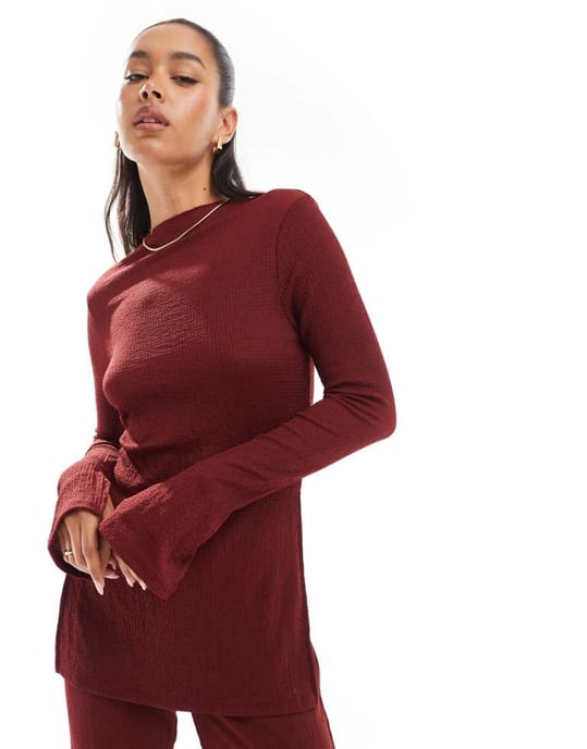 ONLY side split textured top co-ord in burgundy - Image 1