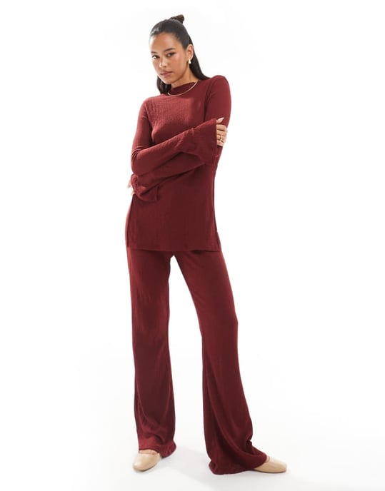 ONLY side split textured top co-ord in burgundy - Image 2