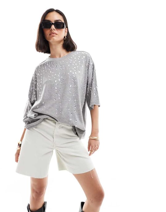ASOS DESIGN crystal embellished oversized t-shirt in grey - Image 1