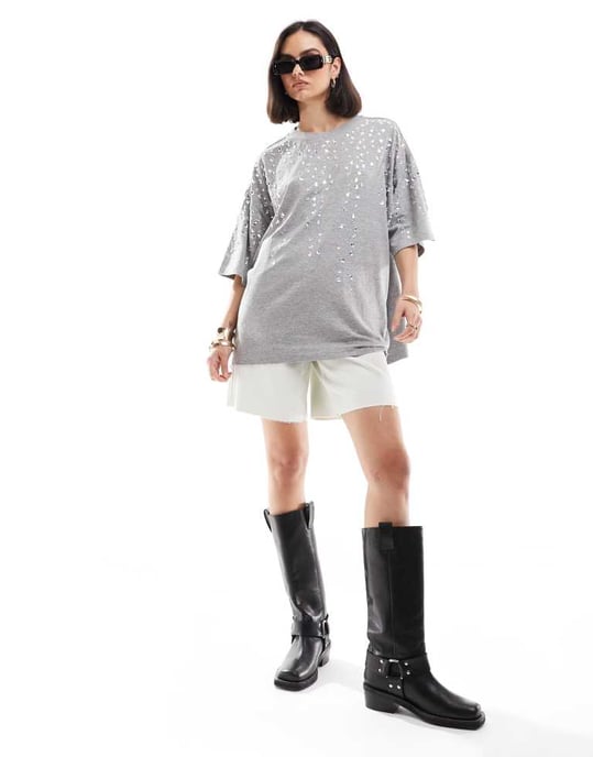 ASOS DESIGN crystal embellished oversized t-shirt in grey - Image 3