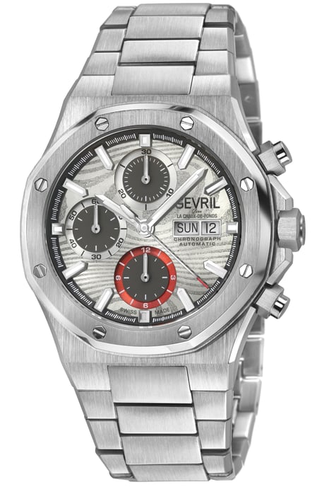 Gevril Men's Kingsgate Chronograph SS Case,SS Bezel, Silver Dial, Stainless Steel Satin Bracelet. - Image 1