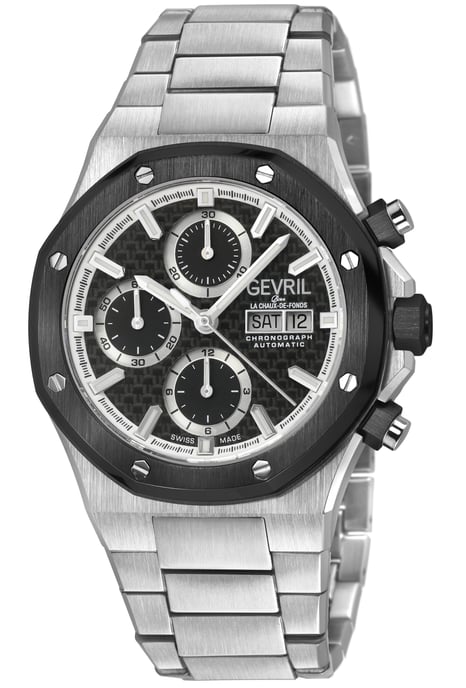Gevril Men's Kingsgate Chronograph SS Case,Black Bezel, Black Dial, Stainless Steel Satin Bracelet. - Image 1