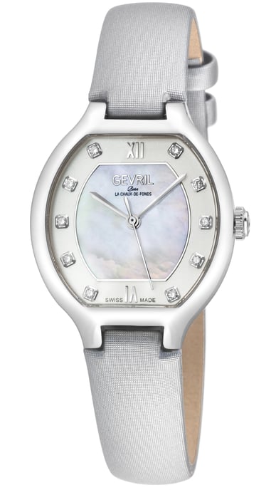 Gevril Women's Lugano Luxury Swiss Diamond 30 MM Watch, White MOP Dial, 316L Stainless Steel Case, Genuine Italian Handmade silver Leather Watch - Image 1