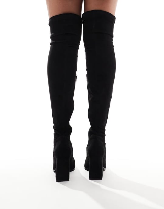 ASOS DESIGN Bred Passform Keely blockklackade stövlar över knät i svart mikrofiber - Image 2