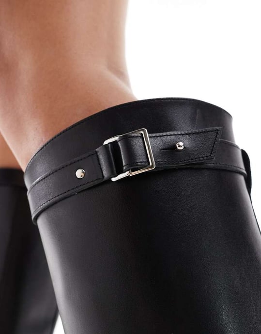 ASOS DESIGN Ciao premium läder chunky ridknästövlar i svart - Image 3