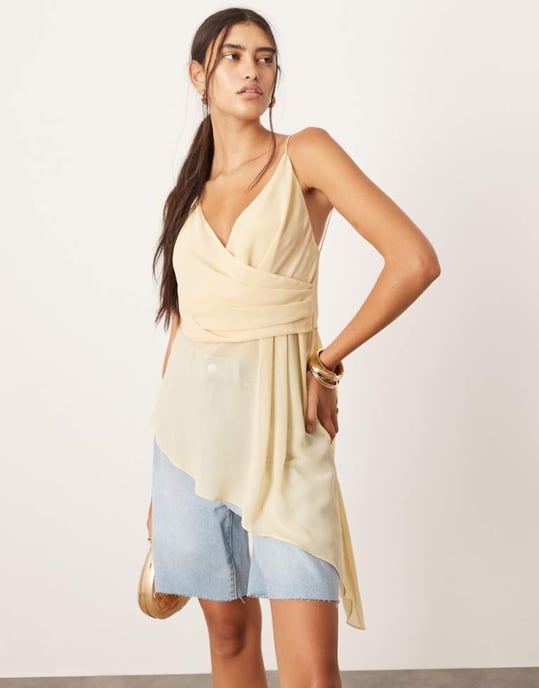 ASOS EDITION wrap front cami top with asymmetric hem in lemon - Image 1