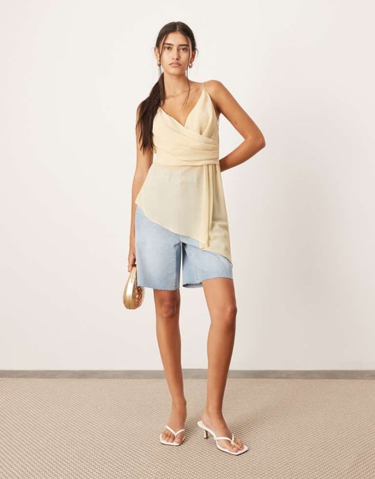 ASOS EDITION wrap front cami top with asymmetric hem in lemon - Image 2