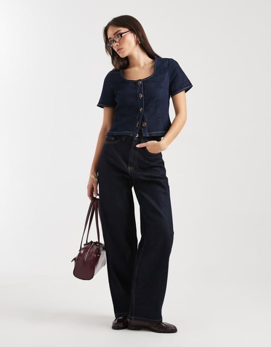 ASOS DESIGN denim bust detail top in mid blue - Image 1