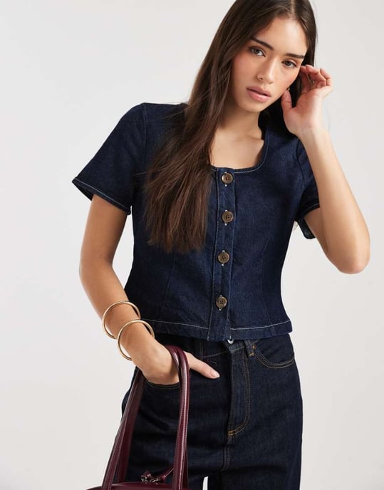 ASOS DESIGN denim bust detail top in mid blue - Image 2