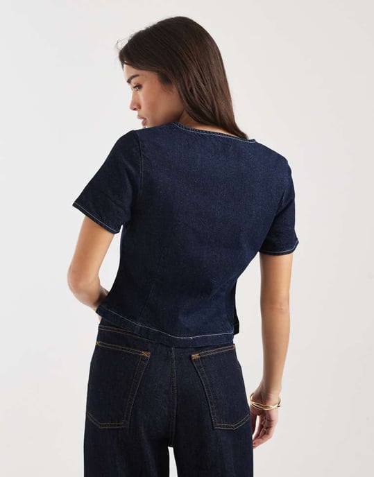 ASOS DESIGN denim bust detail top in mid blue - Image 4
