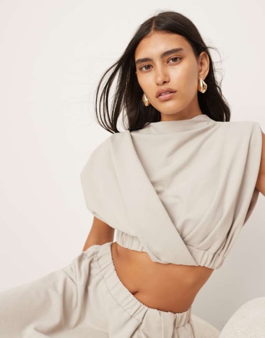 ASOS EDITION jersey twist detail crop top with elastic hem co-ord in pale grey - Image 1