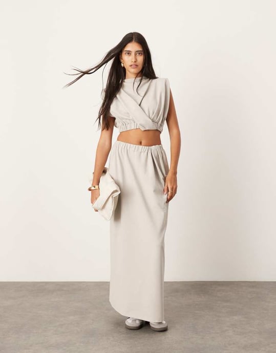 ASOS EDITION jersey twist detail crop top with elastic hem co-ord in pale grey - Image 2