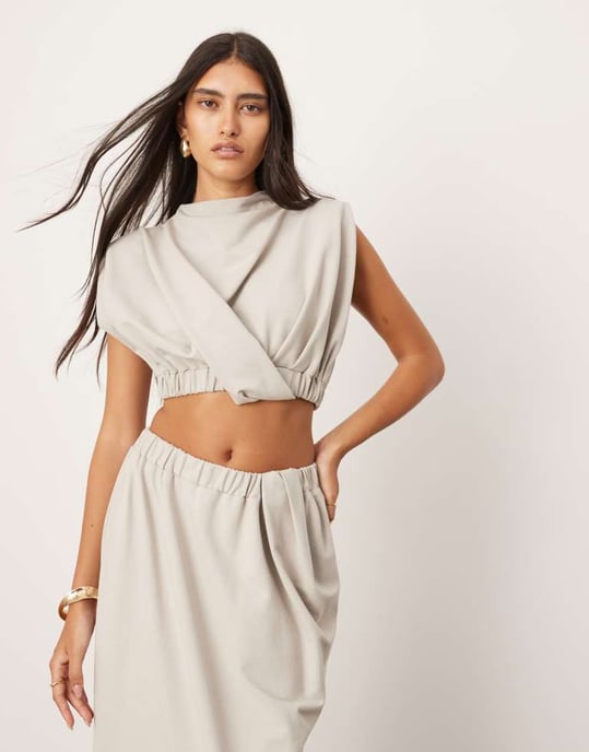 ASOS EDITION jersey twist detail crop top with elastic hem co-ord in pale grey - Image 4