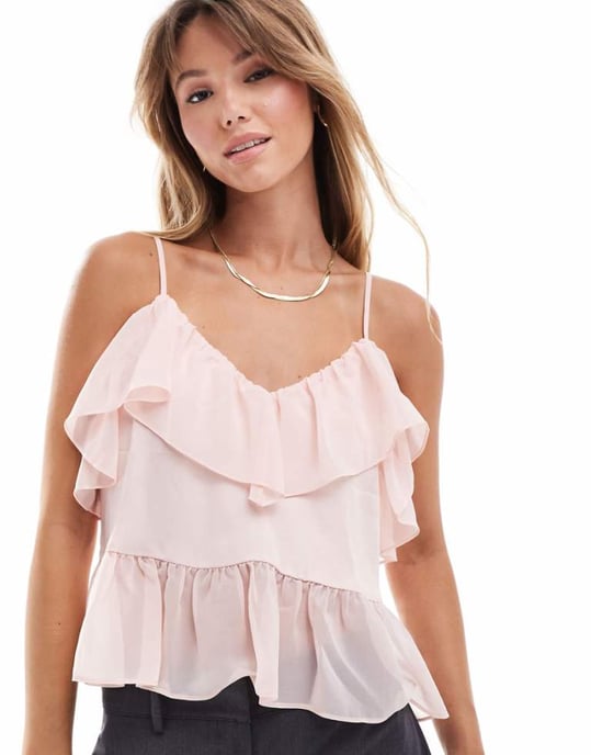 ASOS DESIGN satin chiffon mix ruffle cami top in pink - Image 1