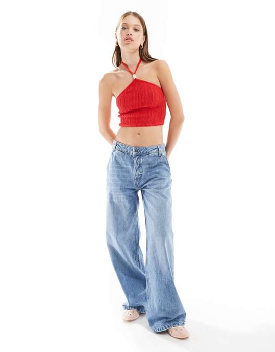 Cotton On halter neck crop top in red pointelle - Image 2