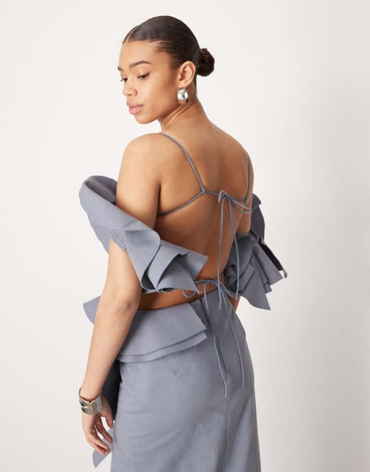ASOS EDITION ultimate raw edge ruffle crop top co-ord in blue - Image 2