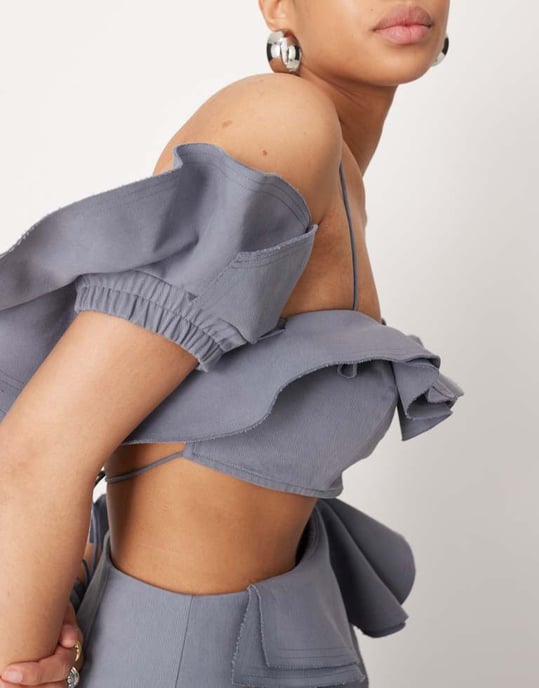 ASOS EDITION ultimate raw edge ruffle crop top co-ord in blue - Image 3