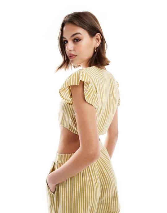 Noisy May linen mix tie front top co-ord in yellow stripe - Image 3