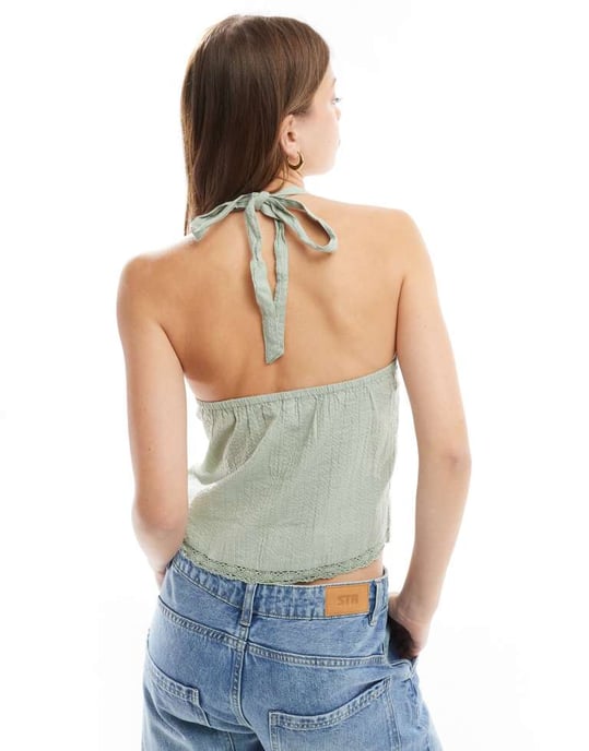 Cotton On halter neck linen look top with buttons in khaki - Image 2