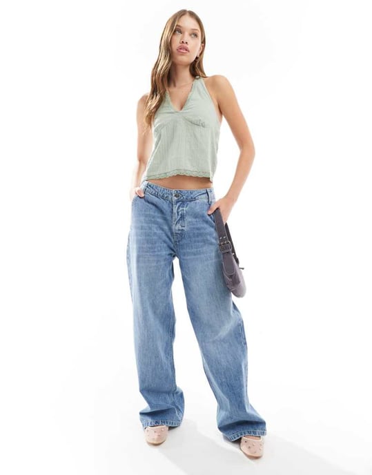 Cotton On halter neck linen look top with buttons in khaki - Image 3
