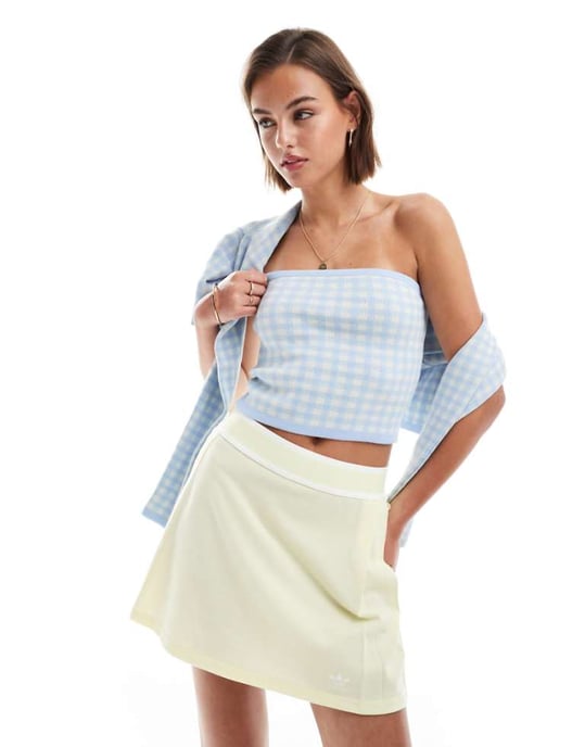 ASOS DESIGN knitted bandeau top in gingham co-ord in blue - Image 1
