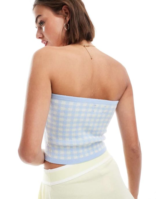 ASOS DESIGN knitted bandeau top in gingham co-ord in blue - Image 2