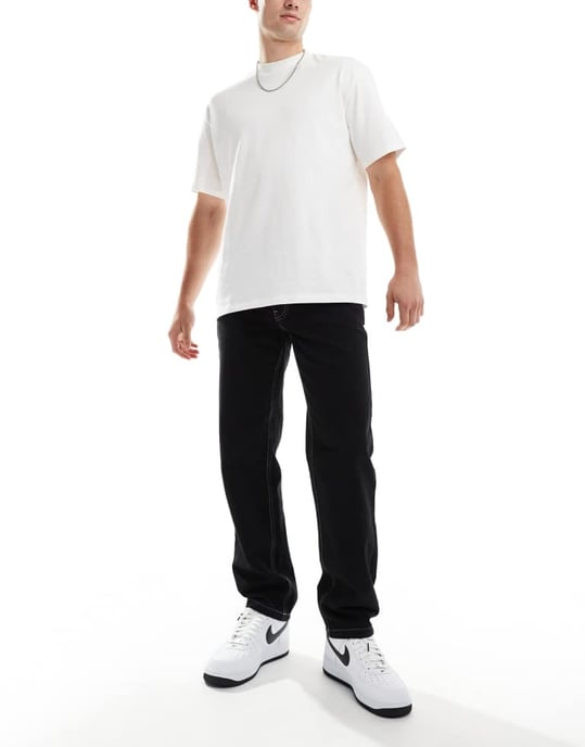 ASOS DESIGN raka snickarbukser med kontrastsöm i svart - Image 2