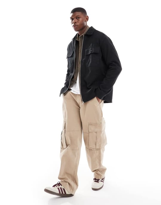 ONLY & SONS dragkedja genom tung twill overskjorta i svart - Image 3
