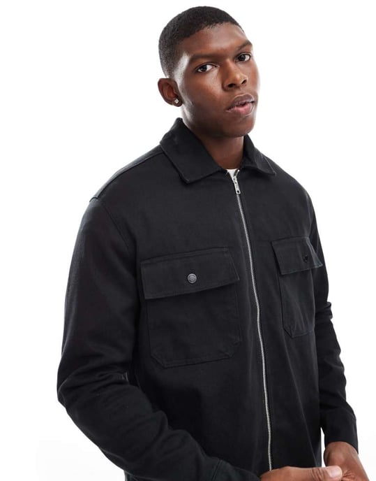 ONLY & SONS dragkedja genom tung twill overskjorta i svart - Image 4