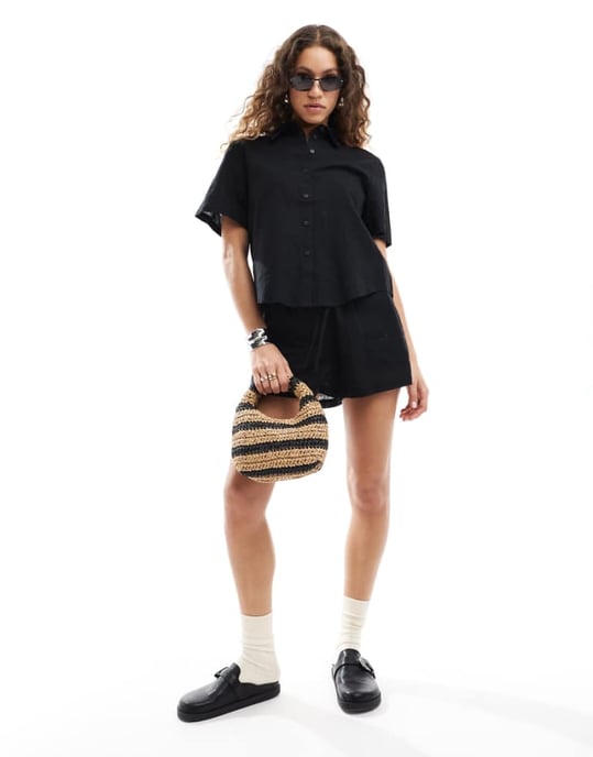 Monki co-ord short sleeve linen shirt in black - Image 1