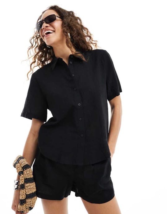 Monki co-ord short sleeve linen shirt in black - Image 4