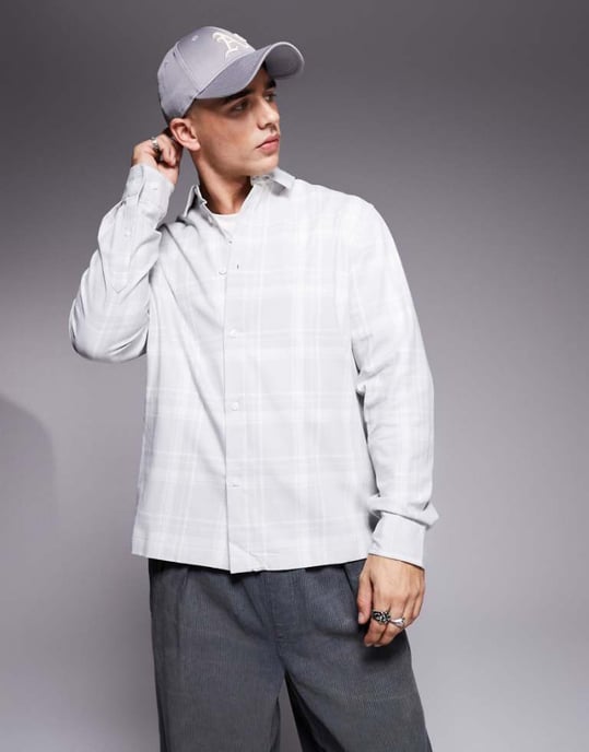 ASOS DESIGN slim check shirt in grey - Image 1