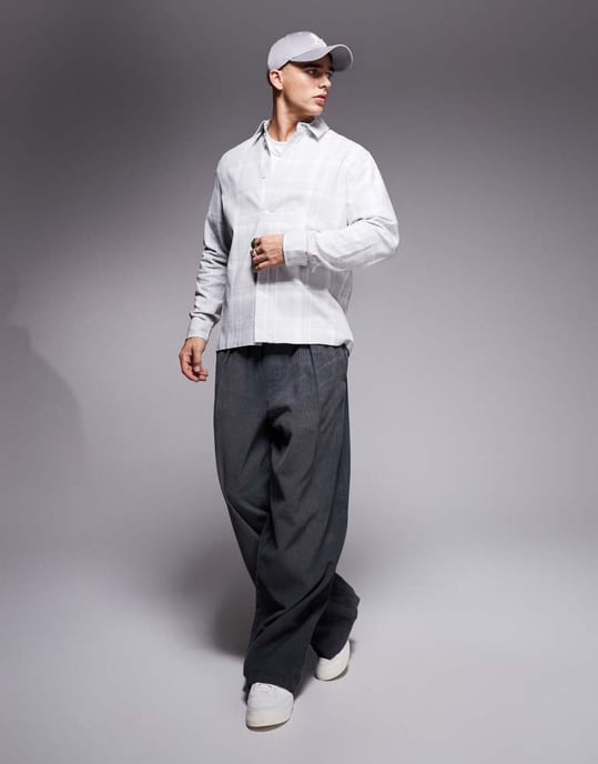 ASOS DESIGN slim check shirt in grey - Image 4