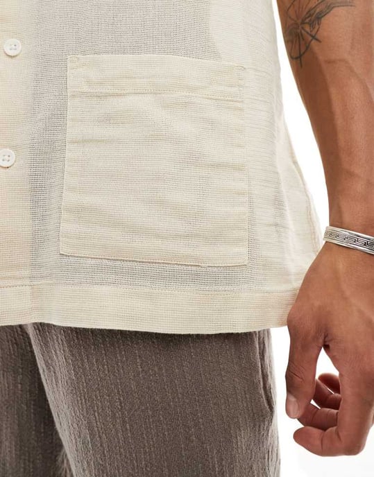 ASOS DESIGN relaxed textured shirt with patch pockets in sand - Image 3