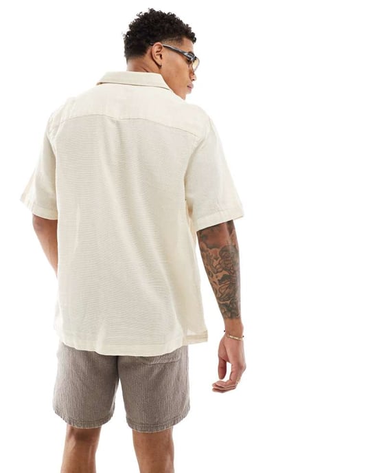 ASOS DESIGN relaxed textured shirt with patch pockets in sand - Image 4