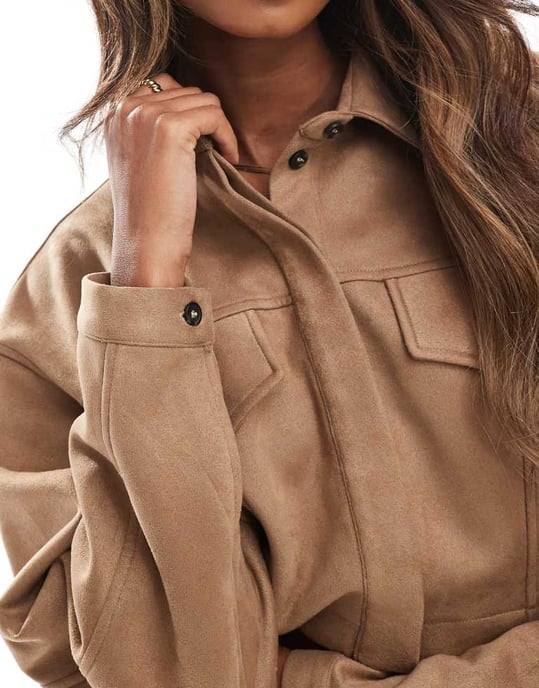 ASOS DESIGN faux suede crop shirt co-ord in tan - Image 2