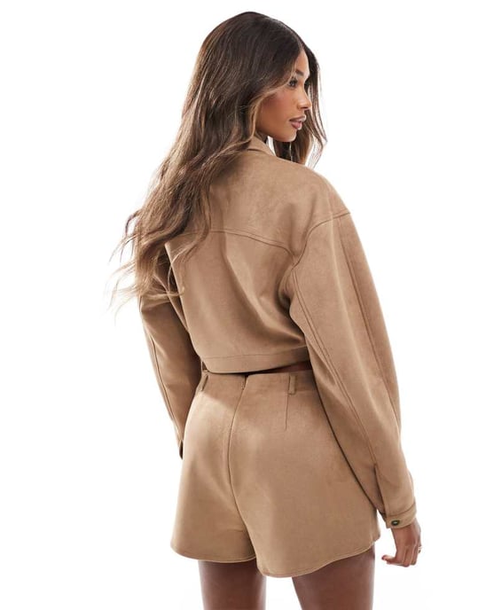 ASOS DESIGN faux suede crop shirt co-ord in tan - Image 3