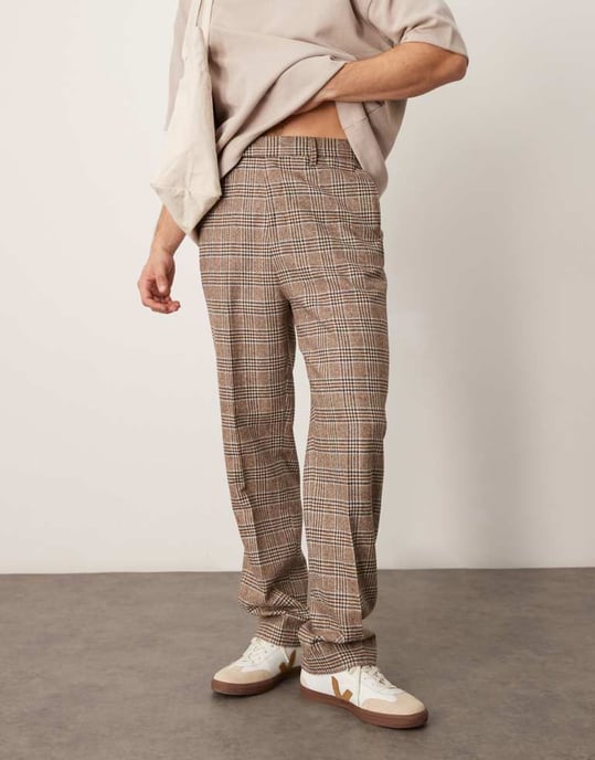ASOS DESIGN smart hög midja raka ben ullblandning byxor i brun rutigt - Image 2