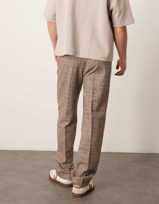 ASOS DESIGN smart hög midja raka ben ullblandning byxor i brun rutigt - Image 4