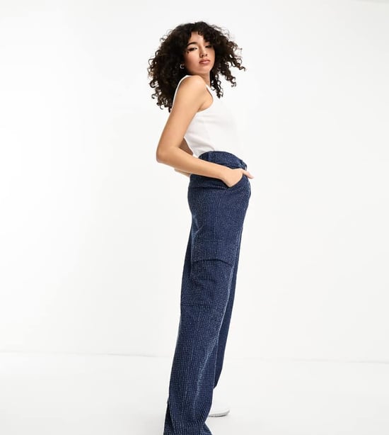 Objekt Hög tall strukturerad denim cargobyxa i mörkblå tvätt - Image 1