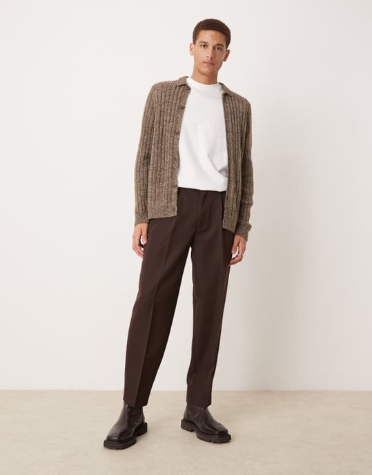 ASOS DESIGN smart oversized tapered trousers with front pleat in brown - Image 2