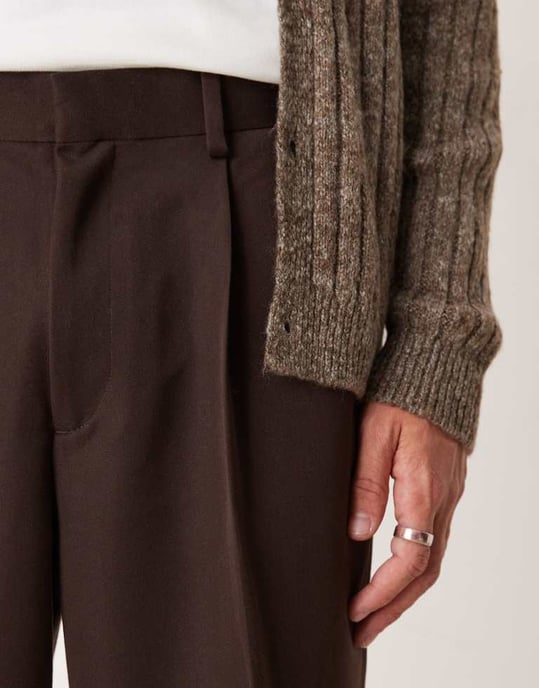 ASOS DESIGN smart oversized tapered trousers with front pleat in brown - Image 3