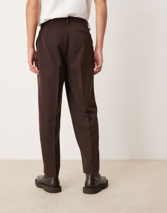 ASOS DESIGN smart oversized tapered trousers with front pleat in brown - Image 4