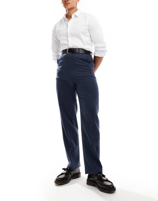 ASOS DESIGN smart hög midja raka ben ullmix byxor i marinblått - Image 1
