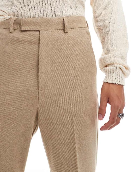 ASOS DESIGN smart högmidjade utsvängda byxor i ullmix i stenskepp - Image 3